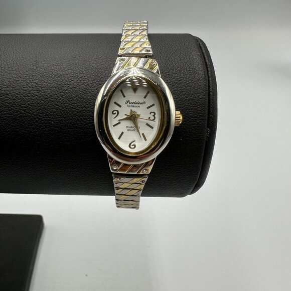 3/$30 Precision by Gruen Watch Women Silver/ Gold Stretch Band Oval Petite - Picture 2 of 13